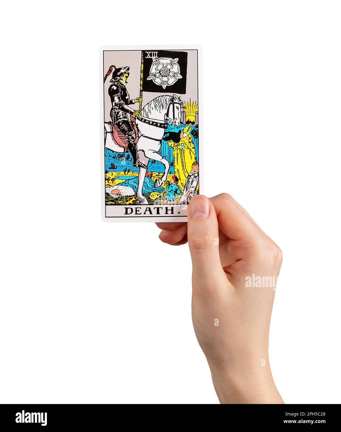 Death, tarot card in hand, bad negative major arcana isolated on white. Stock Photo