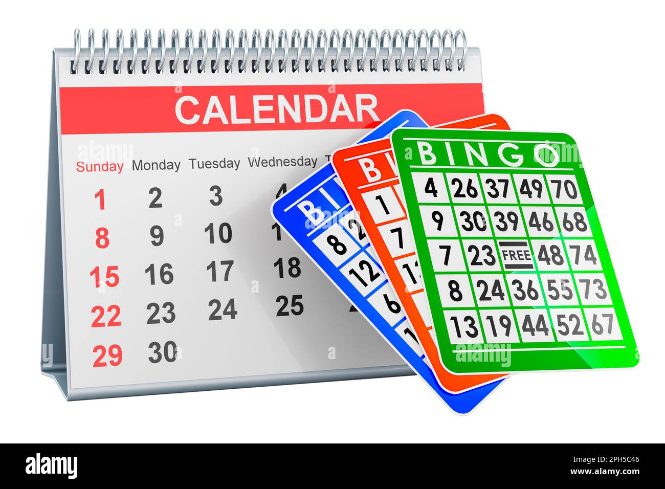 Bingo cards with desk calendar, 3D rendering isolated on white background Stock Photo