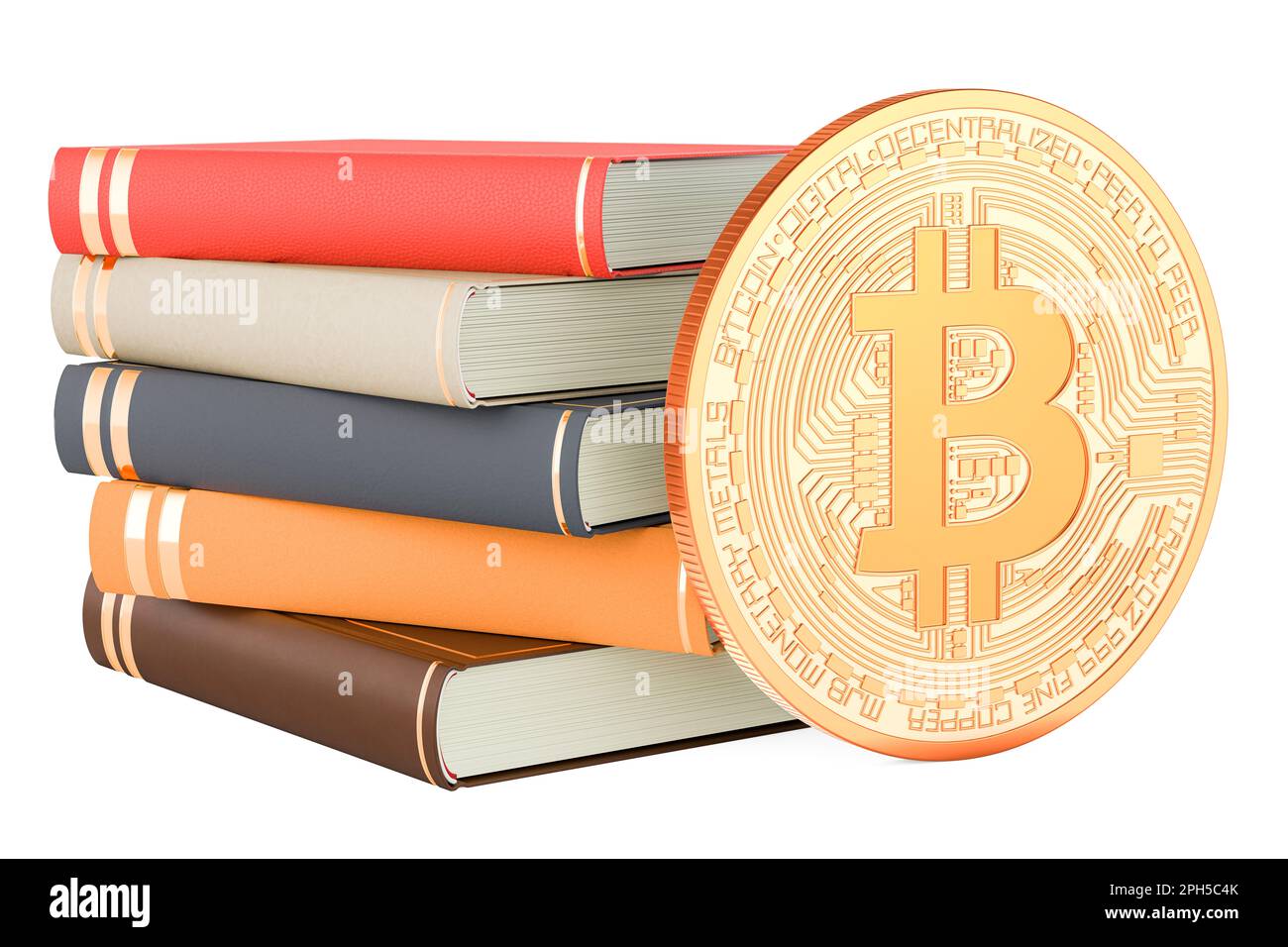 Bitcoin with books, 3D rendering isolated on white background Stock Photo