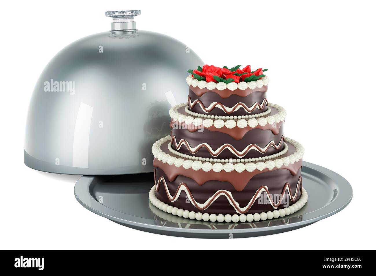 Restaurant cloche with Chocolate Birthday Cake, 3D rendering isolated on white background Stock Photo