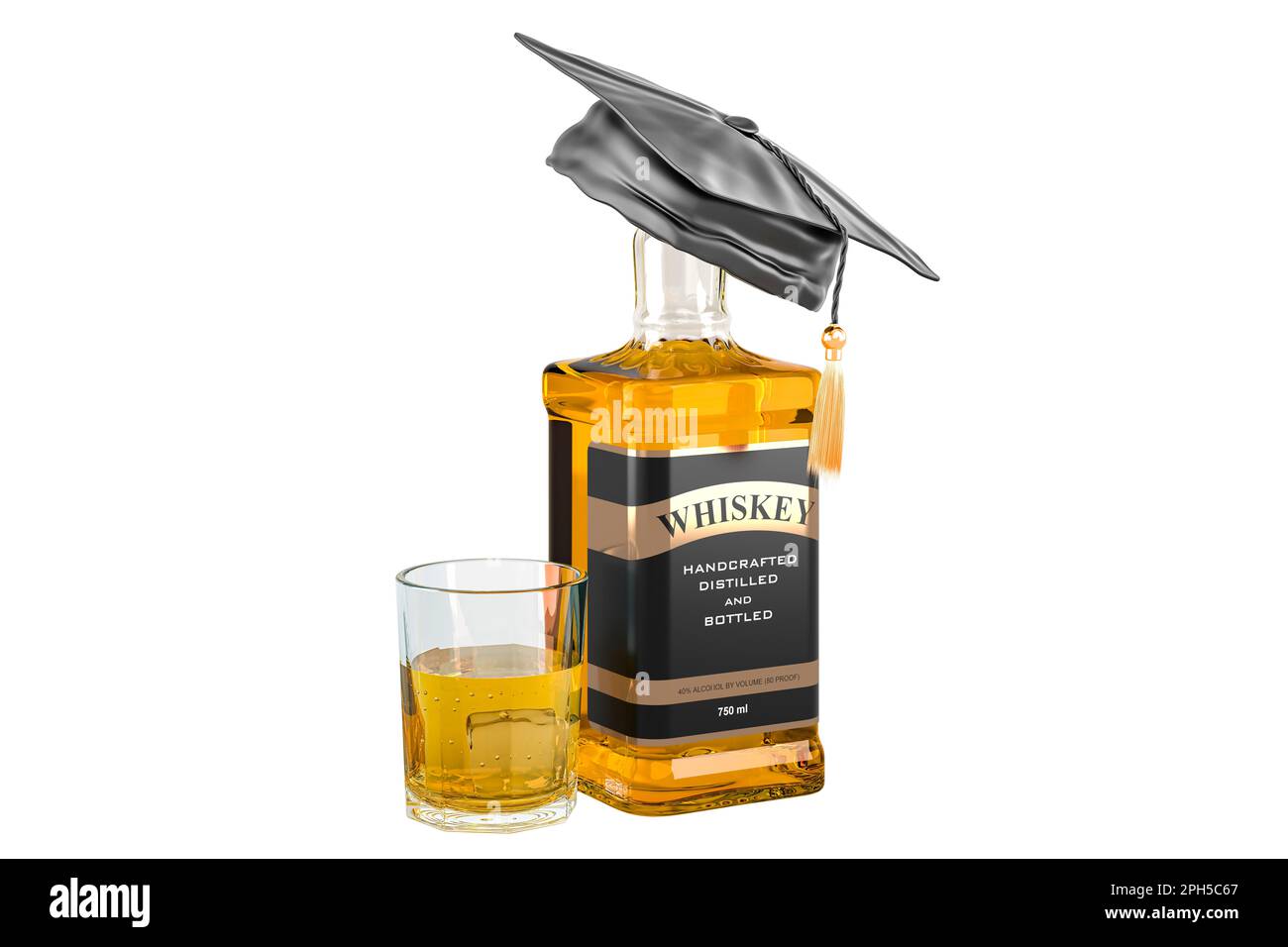 Whiskey bottle and full glass of whiskey with education hat. 3D rendering isolated on white background Stock Photo
