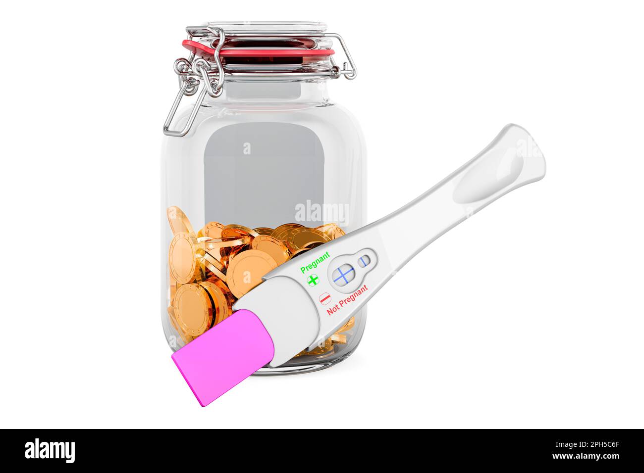 Pregnancy test positive with glass jar full of golden coins, 3D rendering isolated on white background Stock Photo