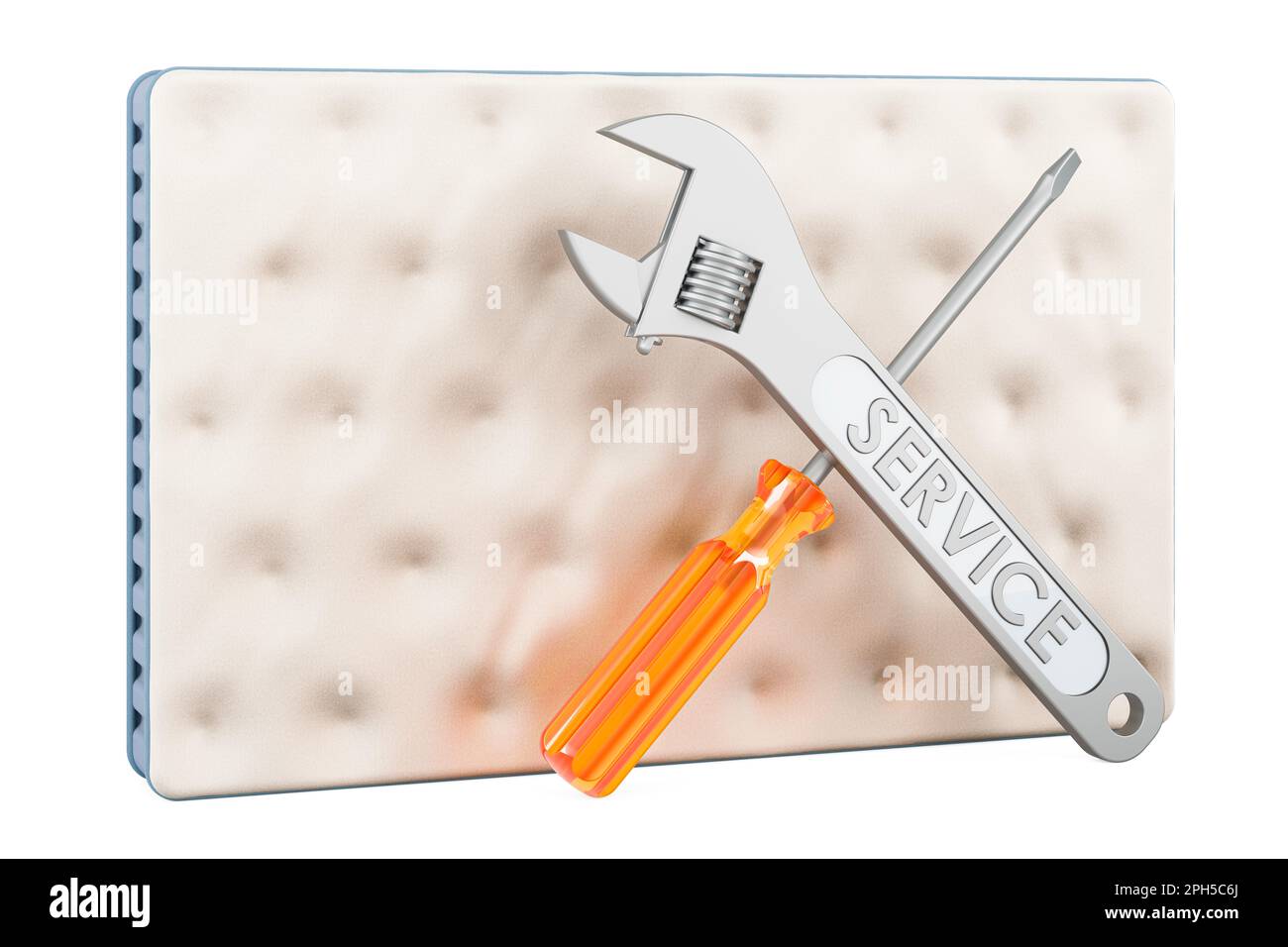 Mattress with screwdriver and wrench, 3D rendering isolated on white background Stock Photo