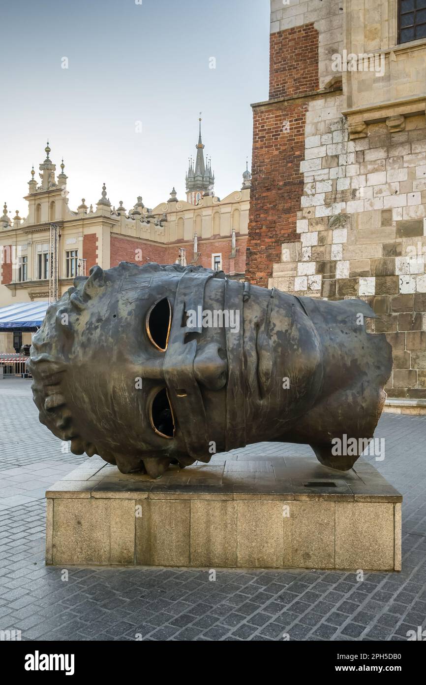 Eros Bendato head statue sculpture on the main market square in Krakow