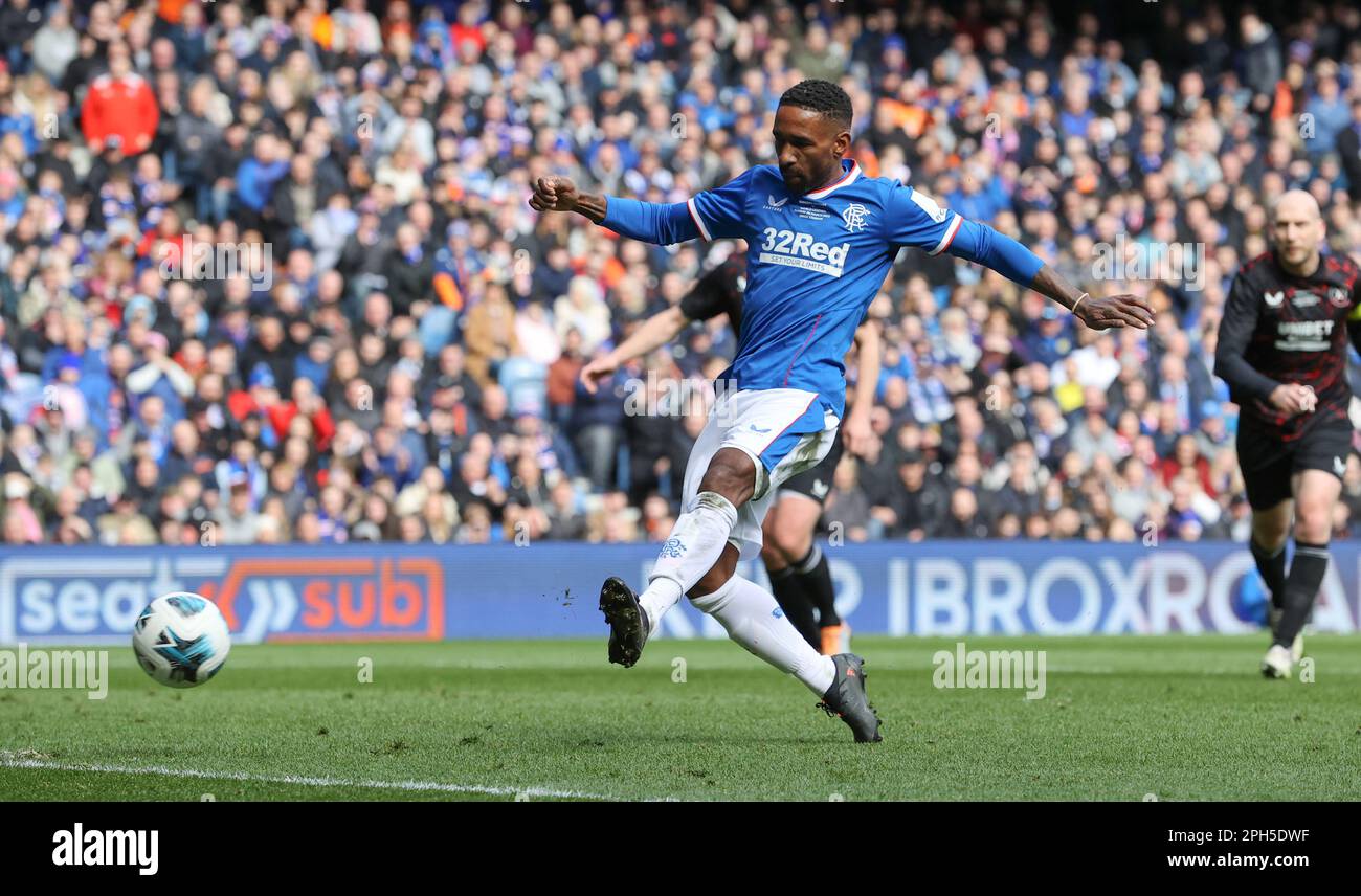 Rangers Legend’s Jermaine Defoe scores his sides second goal from the ...
