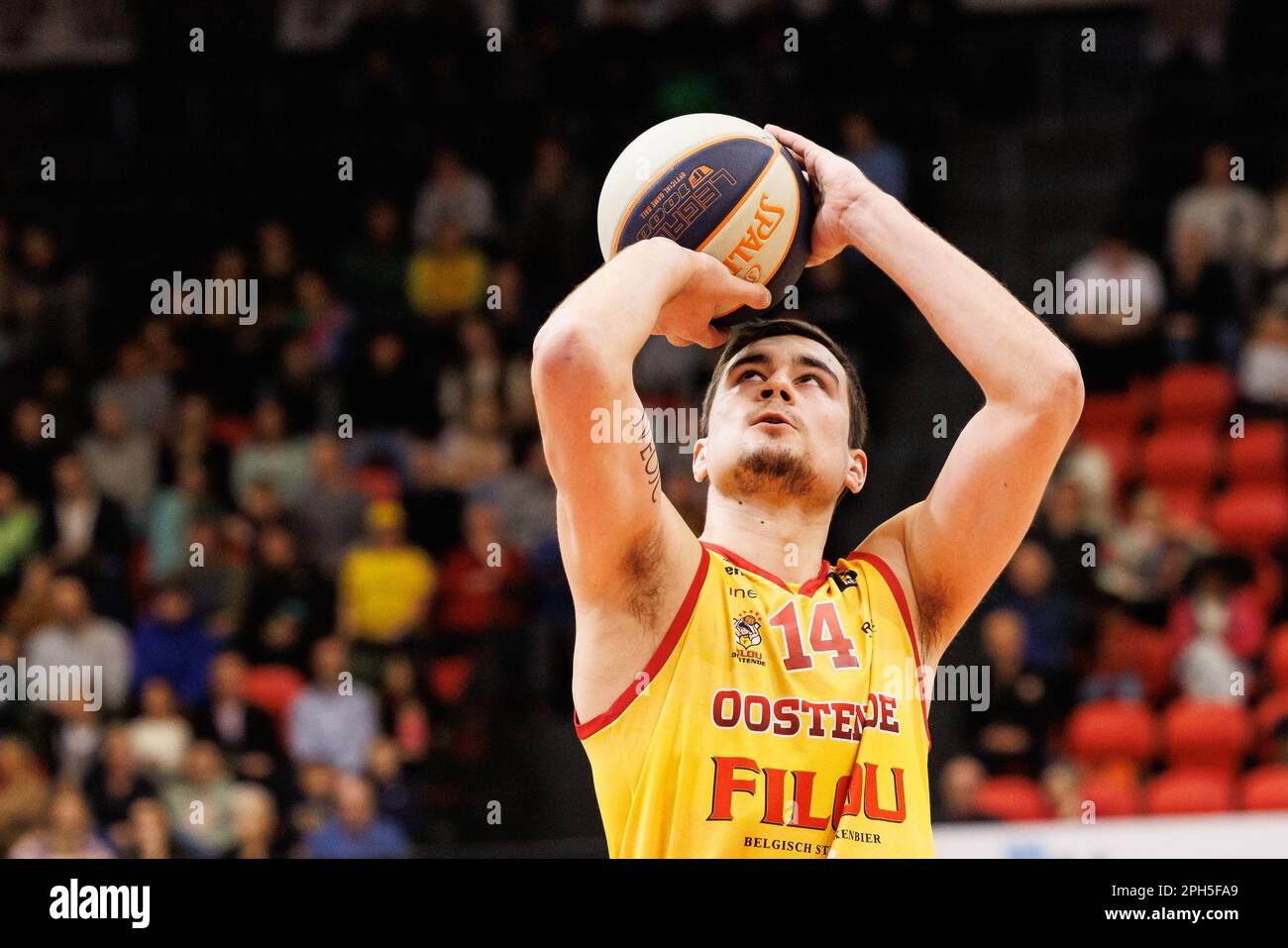 Oostende, Belgium. 26th Mar, 2023. Oostende's Servaas Buysschaert pictured  in action during a basketball match between Filou Oostende and dutch club  Heroes Den Bosch, Sunday 26 March 2023 in Oostende, on day