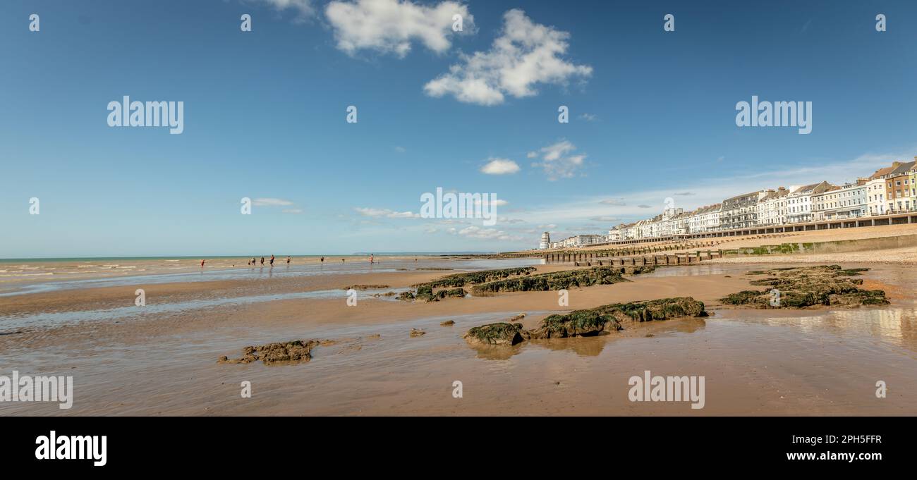 Panorama of Beach and Esplanade, Hastings, East Sussex, UK Stock Photo