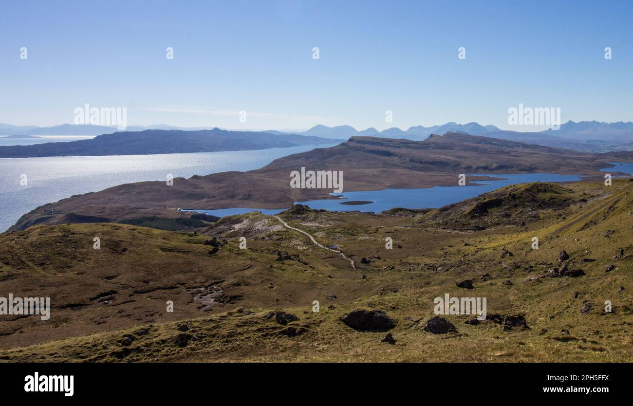 View over Loch Leathan and the Sound Raasay, Raasay Island and the Scottish Coast in the background as seen from the Isle of Skye. Stock Photo