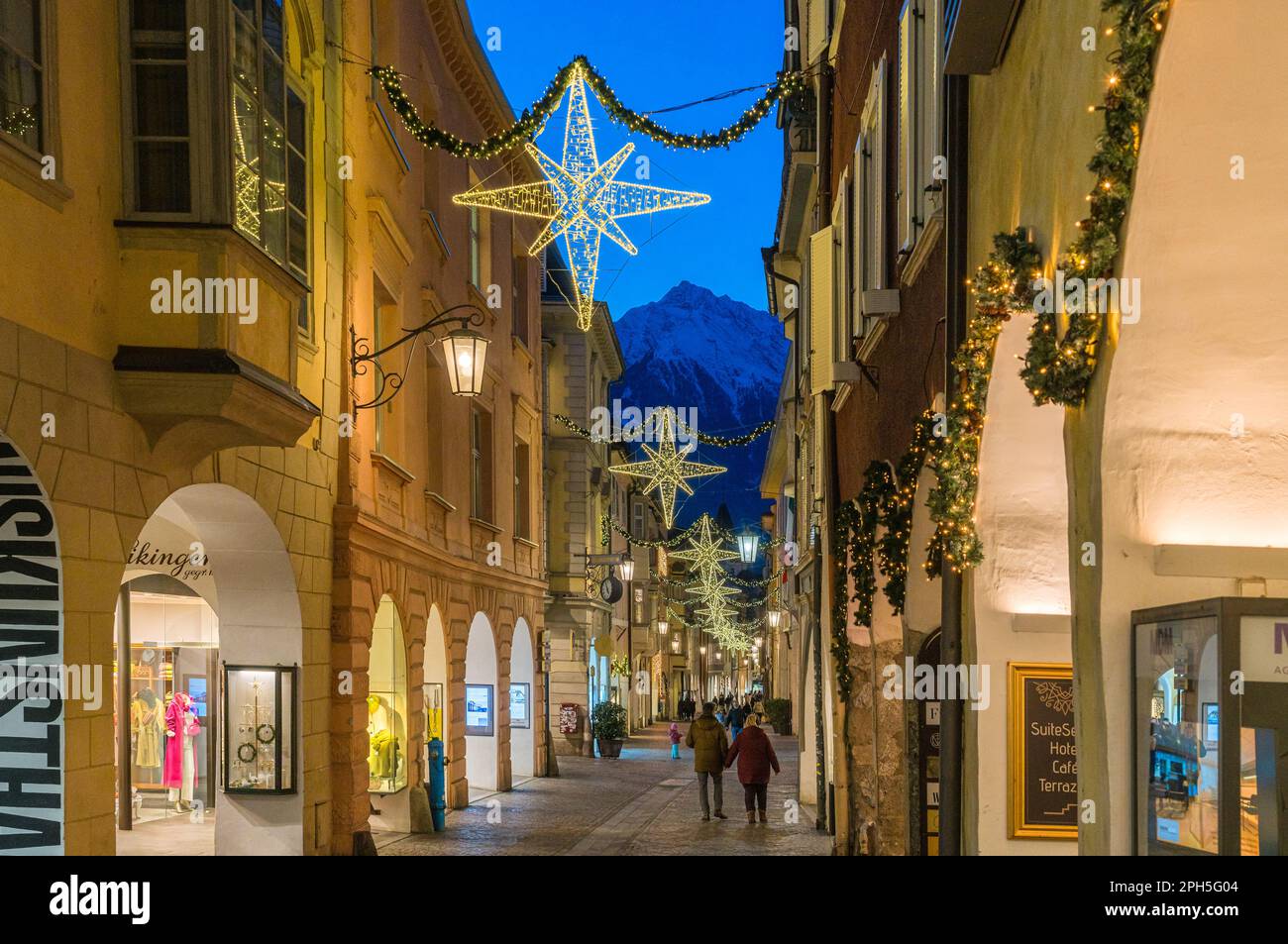 The beautiful city of Merano in the evening during Christmas time, Trentino Alto Adige, northern Italy. December-16-2022 Stock Photo