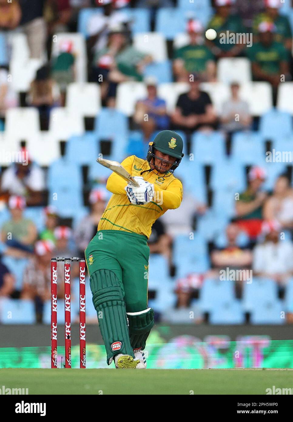 Cricket - Second Twenty20 - South Africa v West Indies - SuperSport Park Cricket Stadium, Centurion, South Africa - March 26, 2023  South Africa's Quinton de Kock hits the ball and is caught out by Rovman Powell off the bowling of Raymon Reifer REUTERS/Siphiwe Sibeko Stock Photo