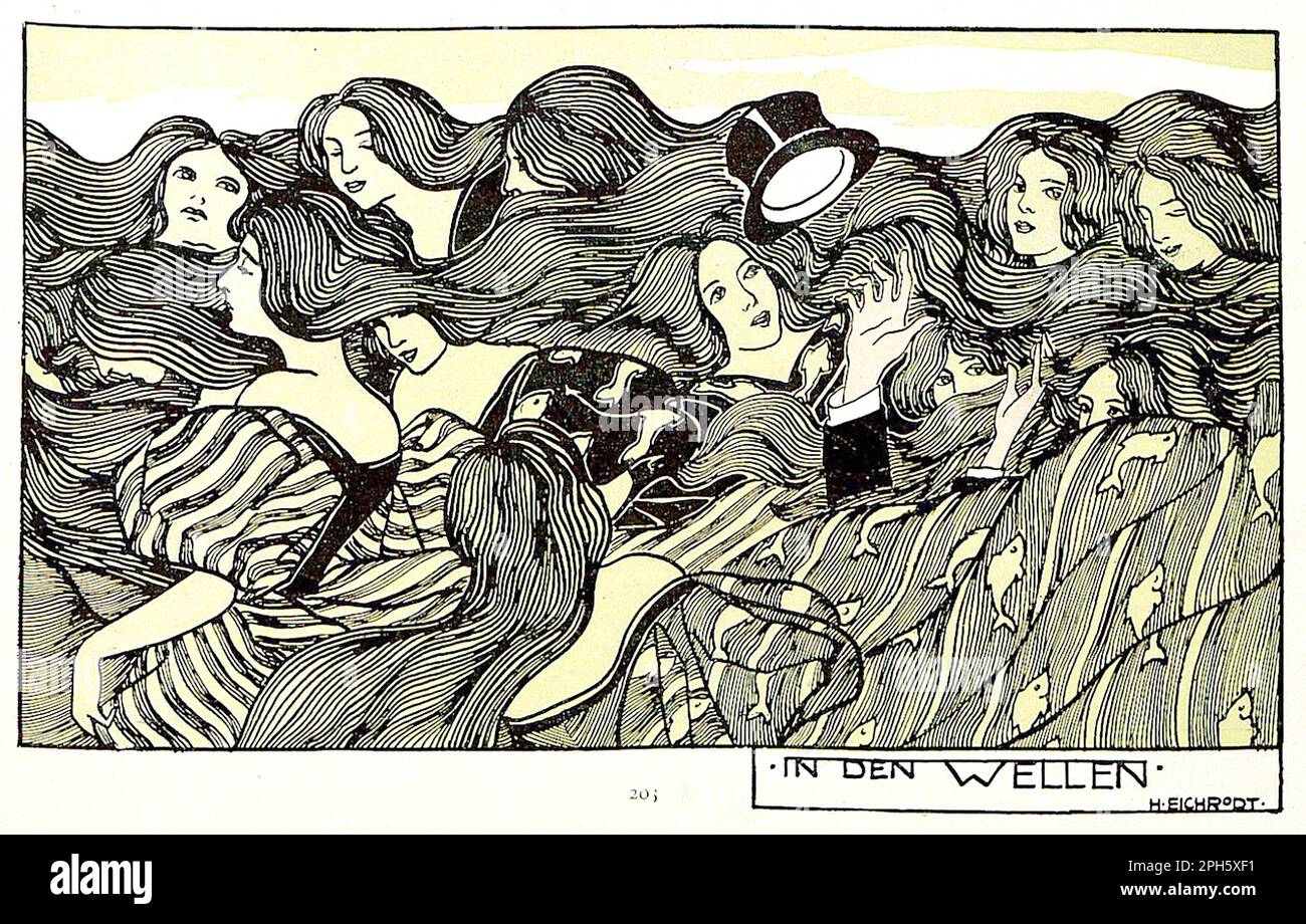 Hellmut Eichrodt - In the Waves - 1897 - A Man Drowns in the Waves of Women's Hair - There's Fish as Well Stock Photo