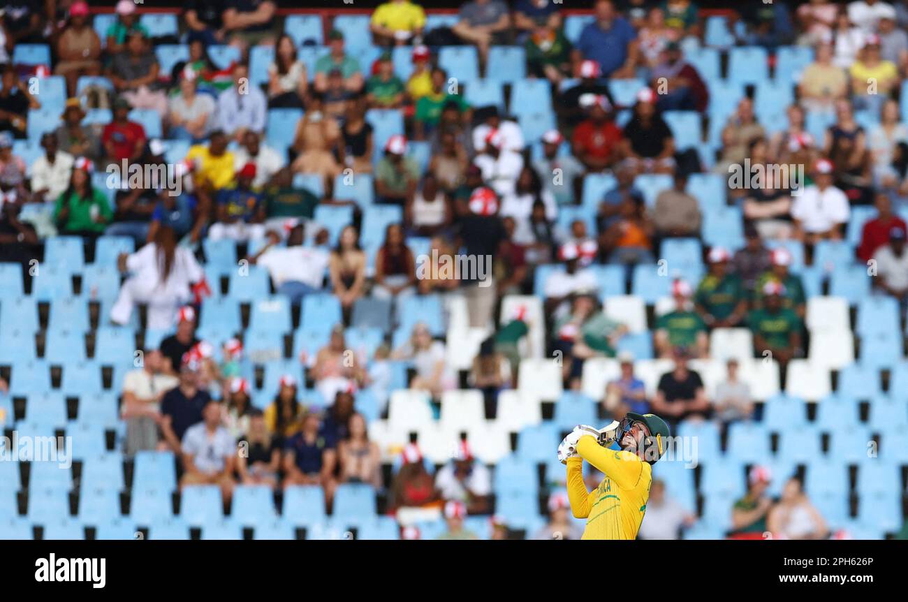 Cricket - Second Twenty20 - South Africa v West Indies - SuperSport Park Cricket Stadium, Centurion, South Africa - March 26, 2023  South Africa's Quinton de Kock hits the ball and is caught out by Rovman Powell off the bowling of Raymon Reifer REUTERS/Siphiwe Sibeko Stock Photo