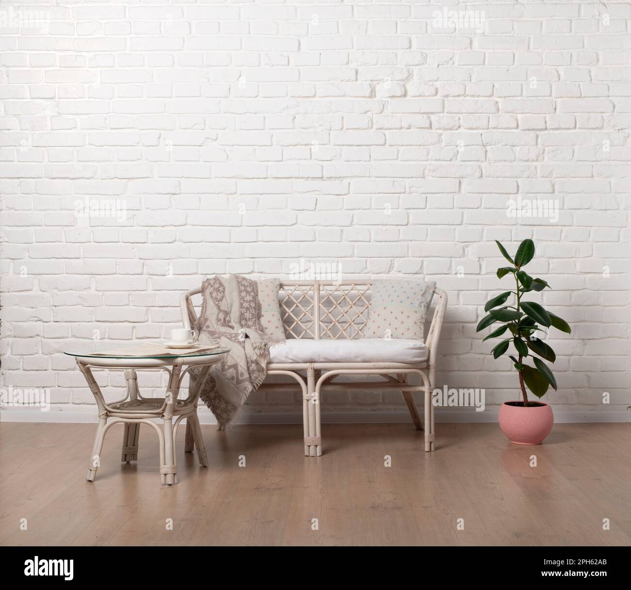 Country style Rattan Living Room Loveseat on white brick wall ...