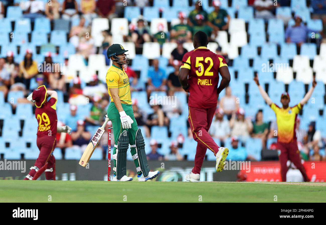 Cricket - Second Twenty20 - South Africa v West Indies - SuperSport Park Cricket Stadium, Centurion, South Africa - March 26, 2023  South Africa's Reeza Hendricks looks dejected after being caught out by West Indies' Nicholas Pooran off the bowling of Rovman Powell REUTERS/Siphiwe Sibeko Stock Photo