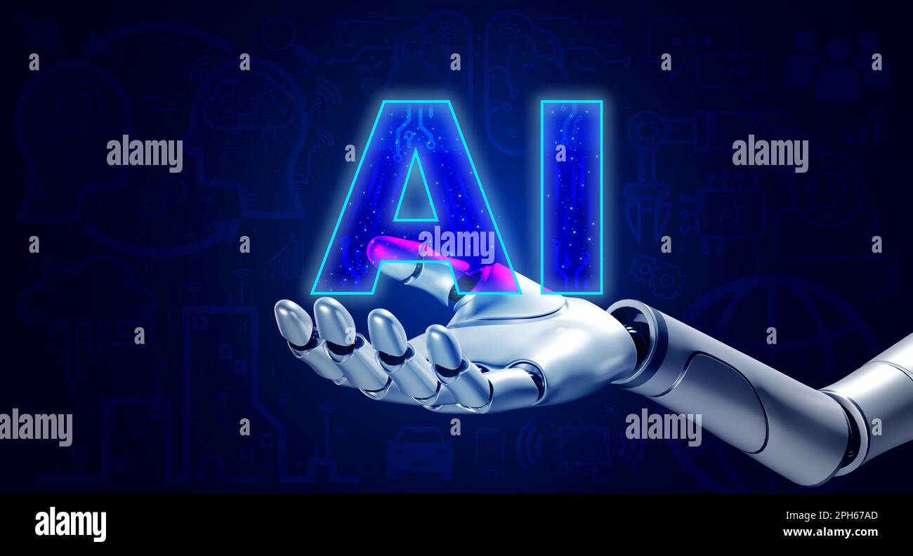 3d robot hand holding virtual AI, text with working development icons ...