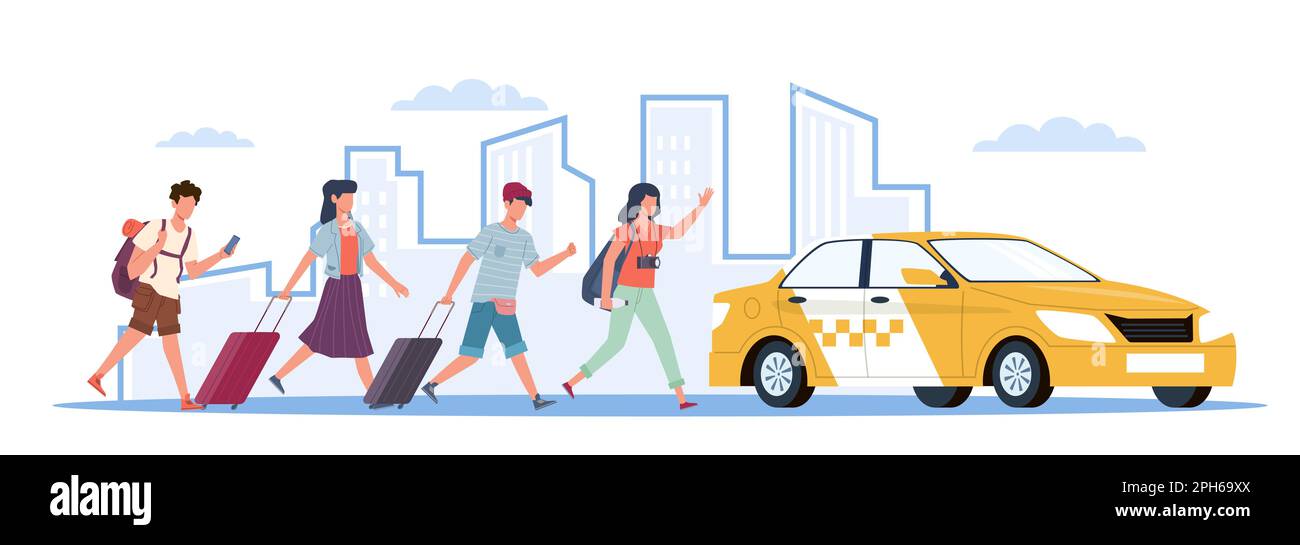 People men and women with luggage in hurry run to get cab. Taxi to airport. Yellow car, tourist late passengers. Vehicle stop. City traffic. Cartoon f Stock Vector