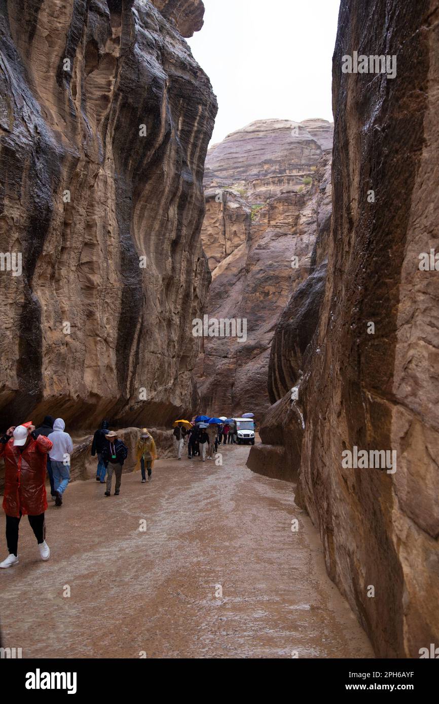 Walking towards the Treasury Building at Petra (in the rain) Stock Photo