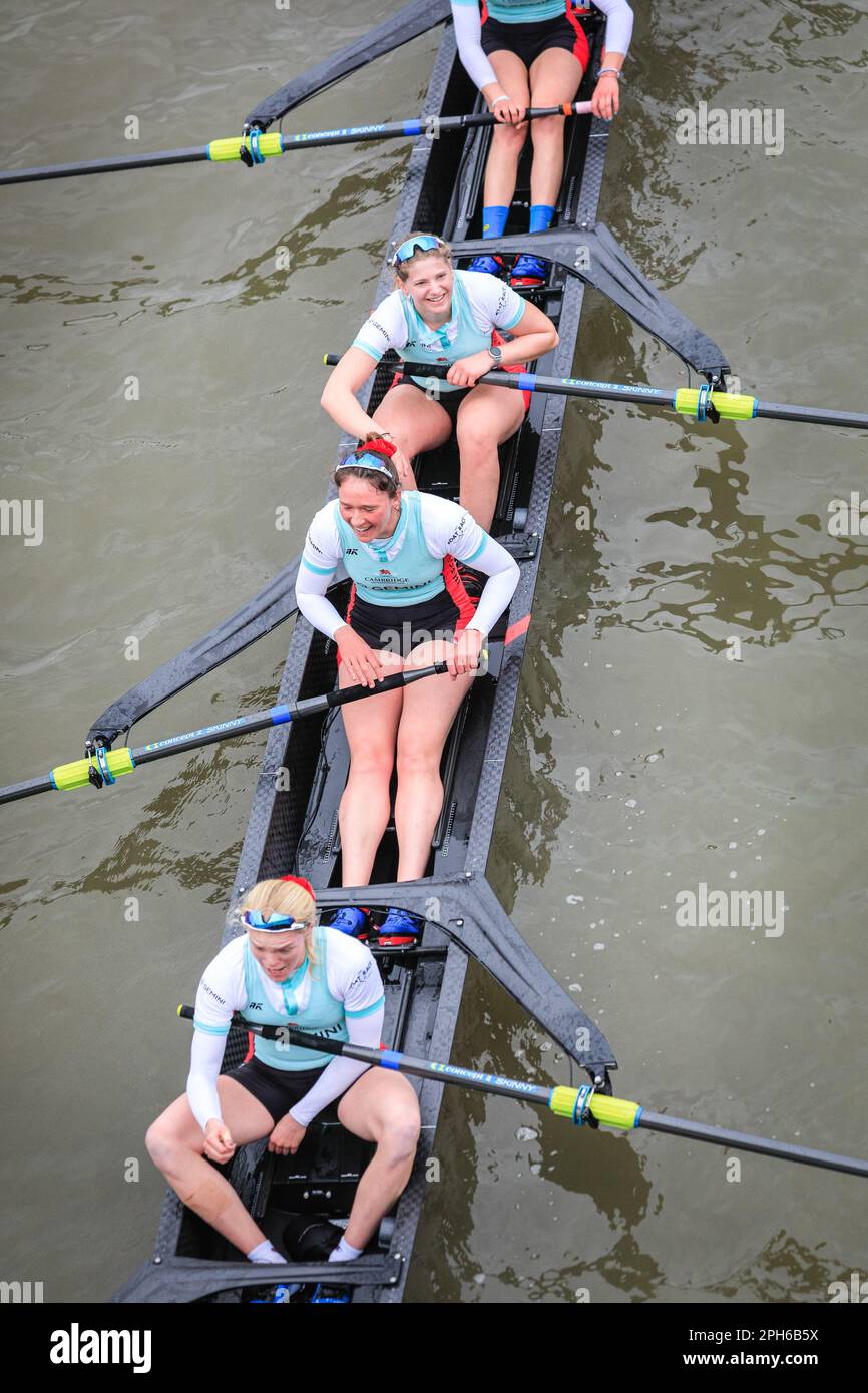 London, UK. 26th Mar, 2023. The Women's Race - Cambridge win. The annual boat race between crews from the University of Oxford and the University of Cambridge is under way. It now spans 185 years of rivalry and tradition between the two universities, on a Championship Course stretching over 4.25 miles along the Thames in West London between Putney and Mortlake. Crews compete in eight-oared rowing boats, each steered by a cox, and see Olympians row alongside other students. Credit: Imageplotter/Alamy Live News Stock Photo