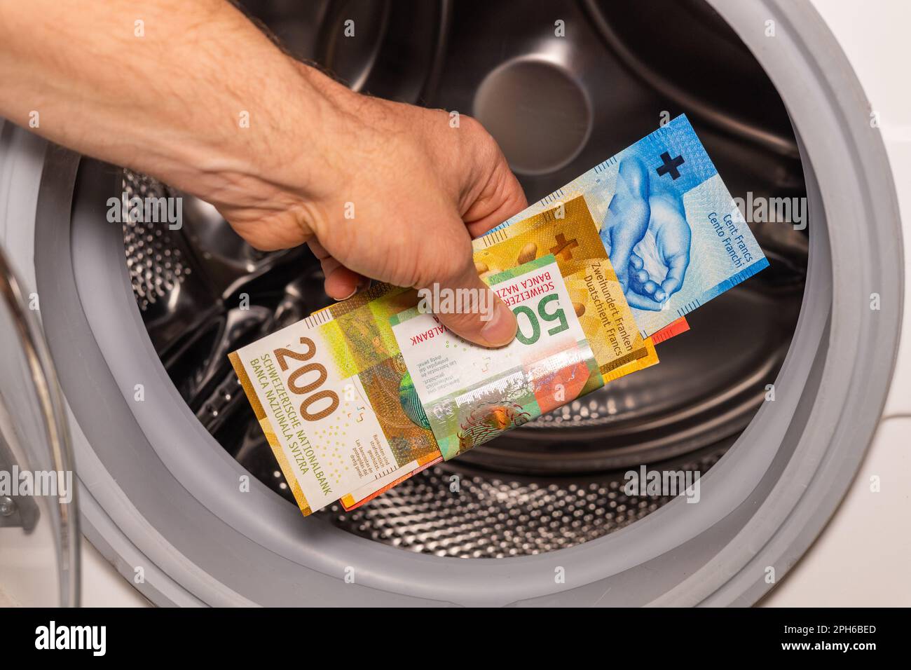 Swiss francs thrown into the washing machine, Concept, Money laundering