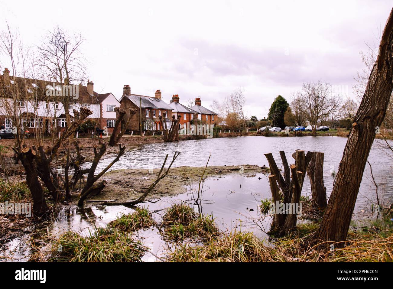 Surrey village cottages across the village pond at Ashtead, Surrey, England, UK, 2023 Stock Photo