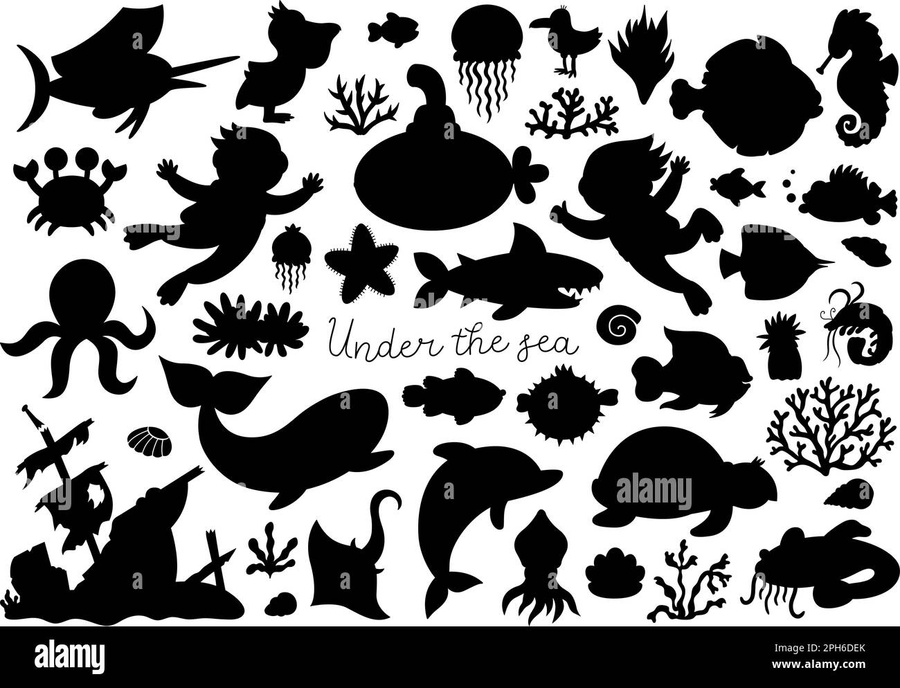 Vector under the sea silhouettes set. Ocean black icons collection with funny seaweeds, fish, divers, submarine. Cute water animals and weeds shadow i Stock Vector