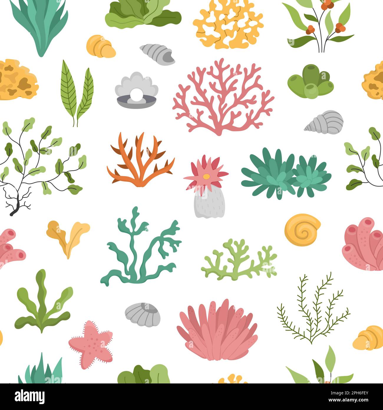Vector seamless pattern with seaweeds. Under the sea repeat background with cute corals, actinia, luminaria, star, phyllophora, seashells, pearl. Ocea Stock Vector