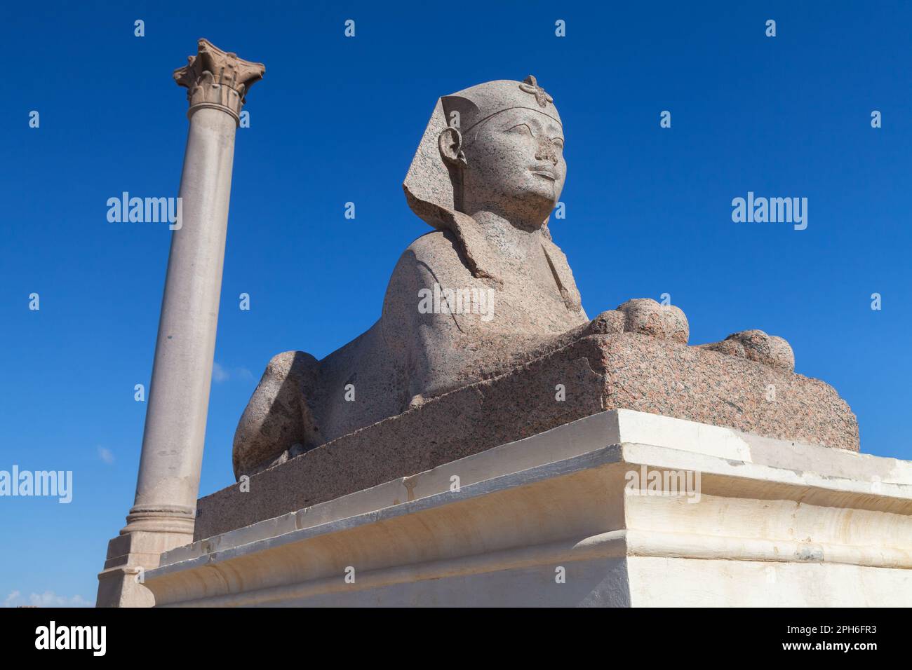 Ancient stone sphinx with Pompeys Pillar on a background. Alexandria, Egypt Stock Photo