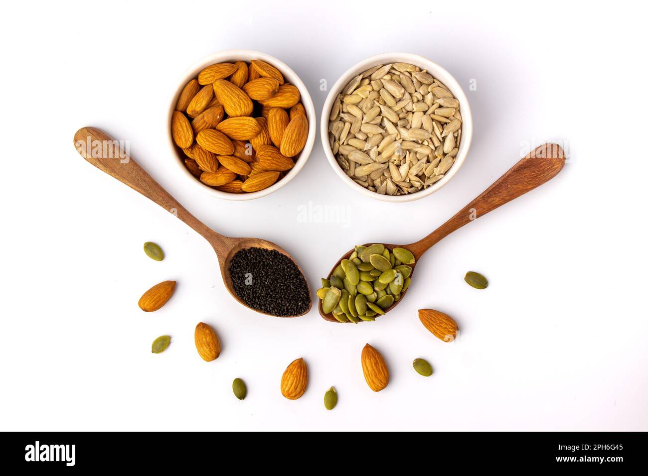 set of organic healthy dry fruits, seeds, almond, walnut Stock Photo