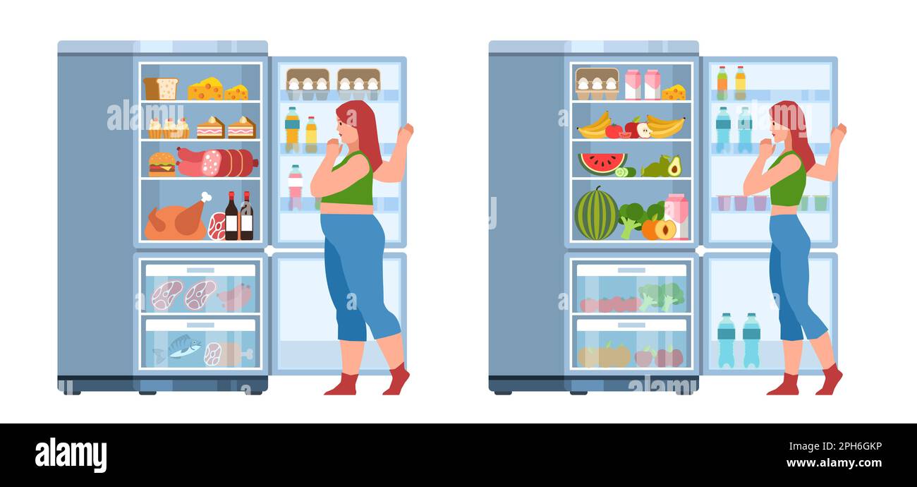 Fat girl and slim girl choose different products in fridge