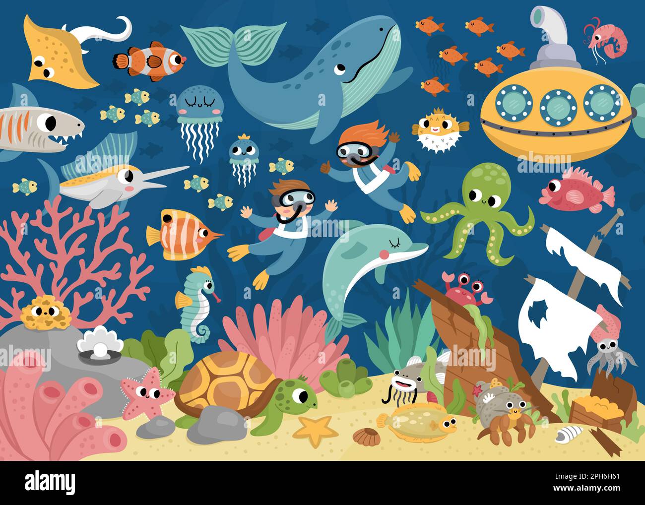 Vector under the sea landscape illustration. Ocean life scene with animals, dolphin, whale, submarine, divers, wrecked ship. Cute horizontal water nat Stock Vector