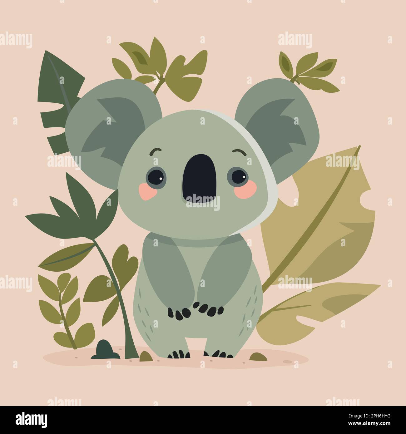 A cartoon vector illustration of a cute koala and some leaves on the ...
