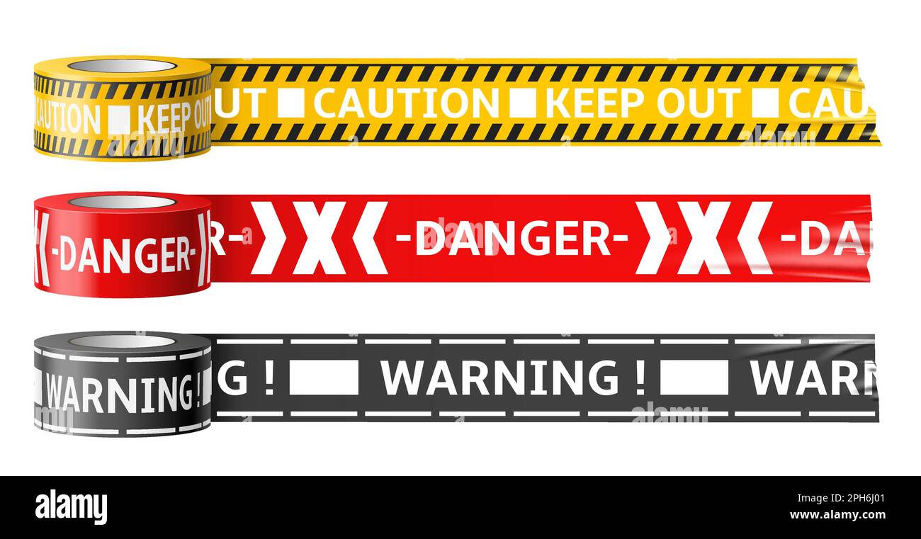 Warning sticky tapes. Realistic mounting film with danger labels, accident place, enclosing