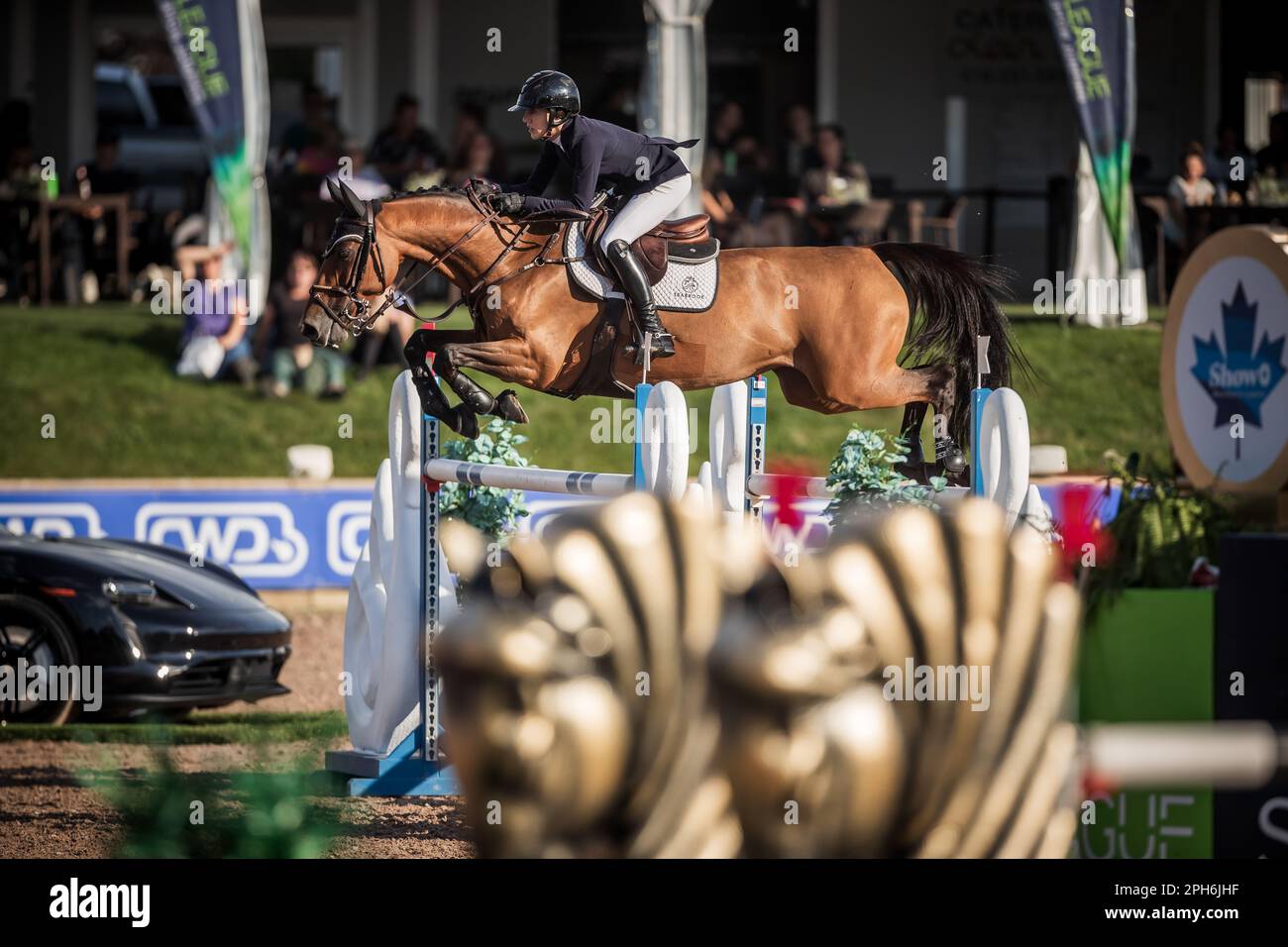 A rider competes during the international Major League Show Jumping