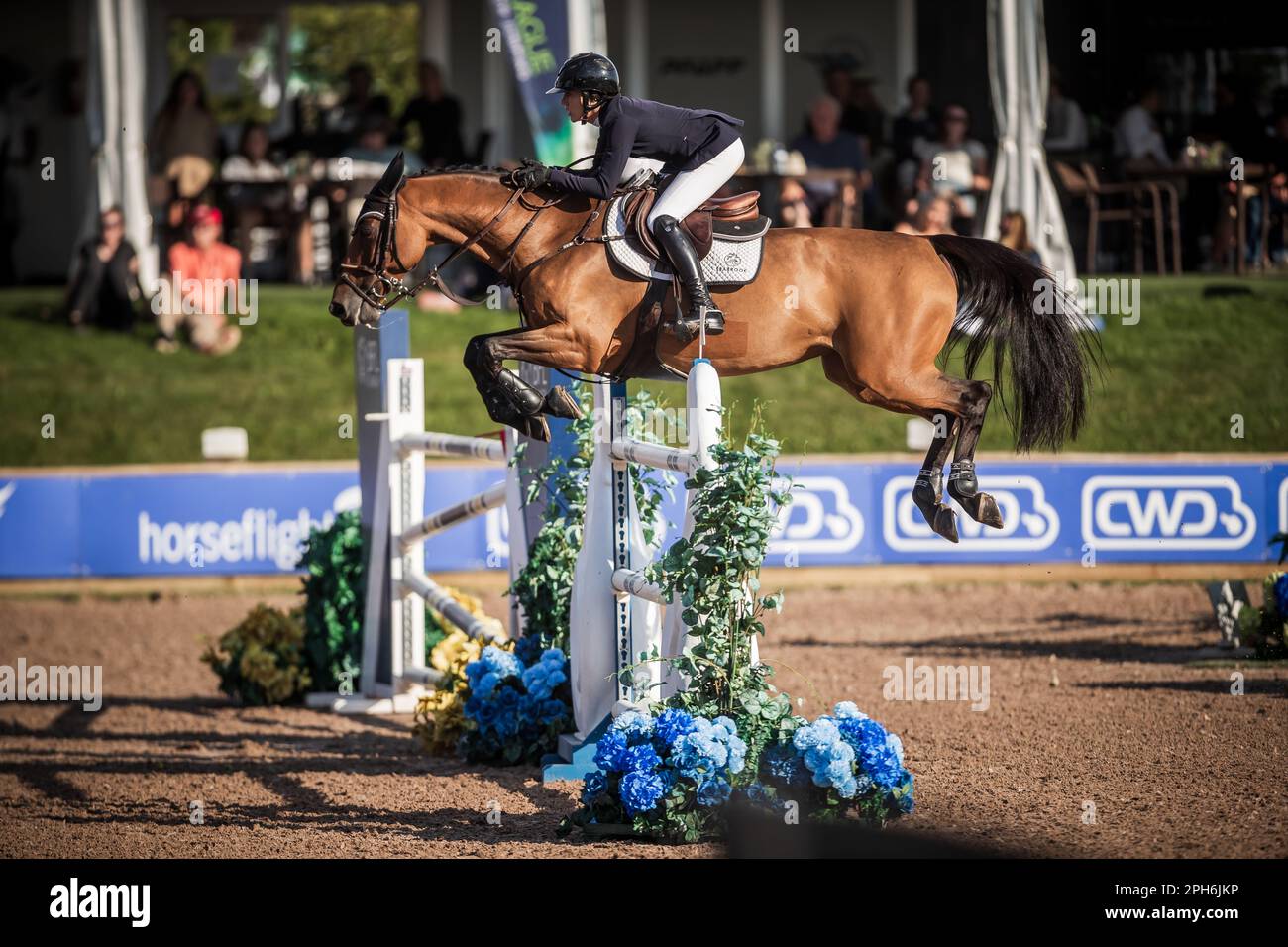 A rider competes during the international Major League Show Jumping