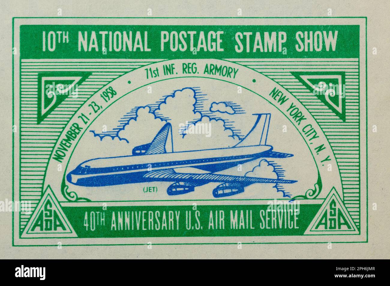 Cinderella stamp commemorating the 10th National Stamp Show in New York 1958. Picture depicts a modern jet airliner. Stock Photo