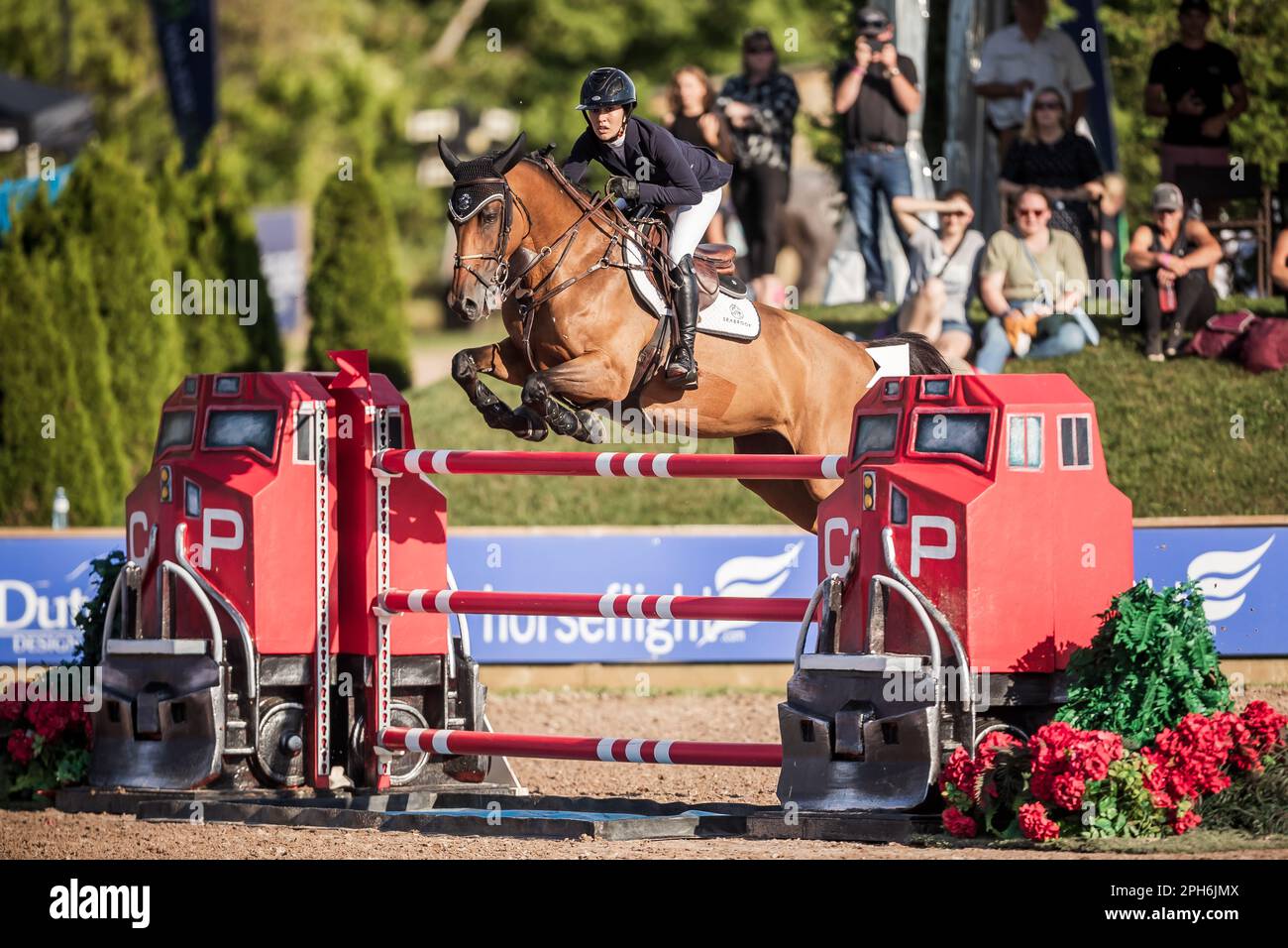 A rider competes during the international Major League Show Jumping
