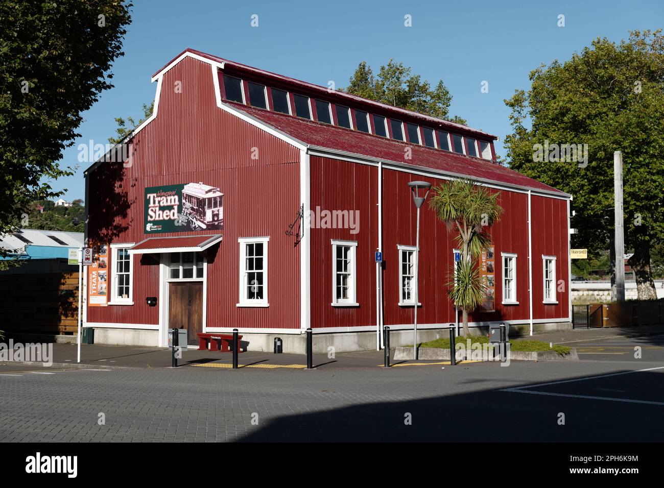 Dark red tram shed in Whanganui on the north island of New Zealand Stock Photo