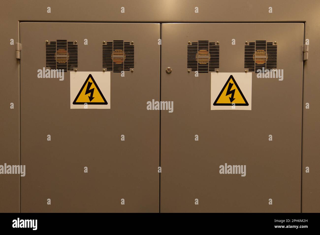 electrical power with warning signs Stock Photo Alamy