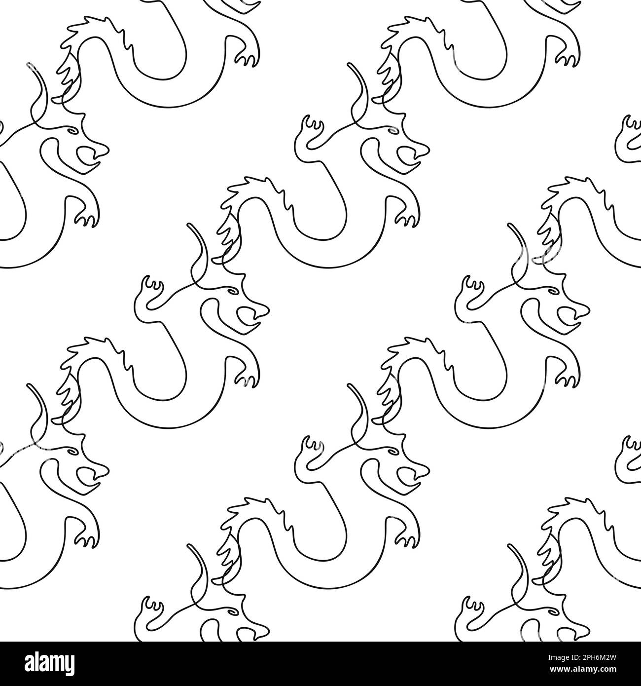 Seamless pattern with dragon illustration in line art style on a white background Stock Vector