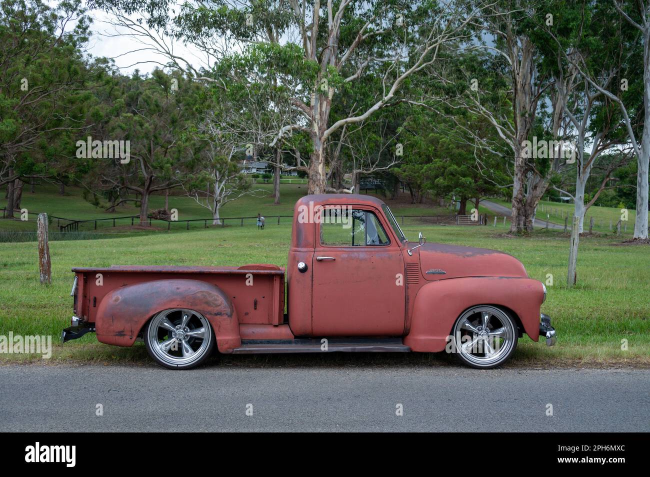 A 1953 American Chevrolet 3100 pickup truck. Original paintwork but with a brand new Chevrolet 3.5 litre V8 block and 3 speed automatic transmission. Stock Photo