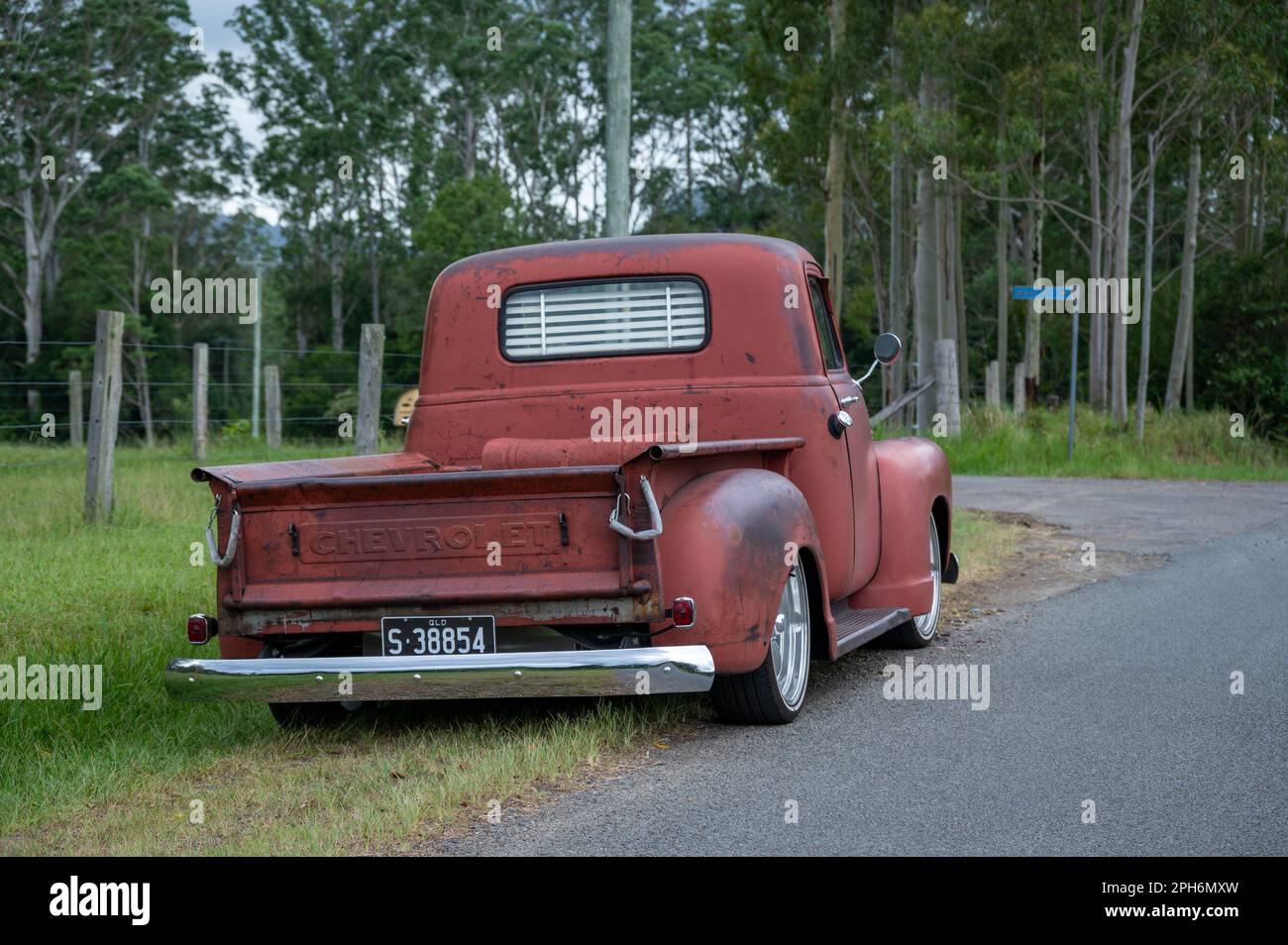 A 1953 American Chevrolet 3100 pickup truck. Original paintwork but with a brand new Chevrolet 3.5 litre V8 block and 3 speed automatic transmission. Stock Photo