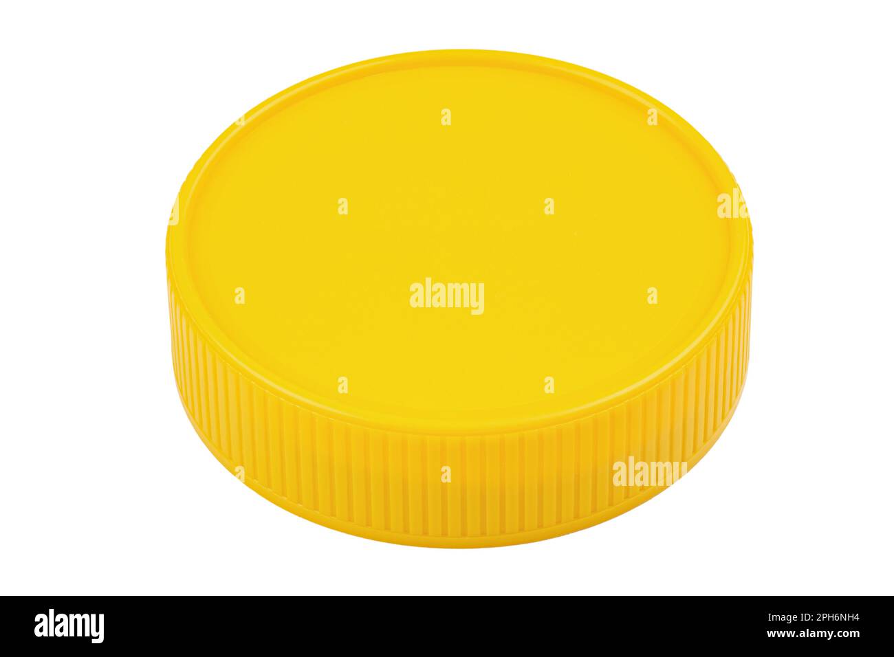 Yellow plastic lid isolated on white background. Plastic round jar lid