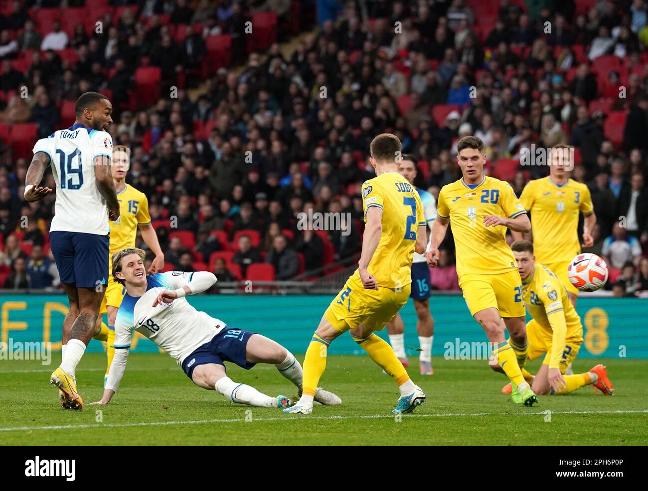 England's Conor Gallagher attempts a shot on goal during the UEFA Euro ...