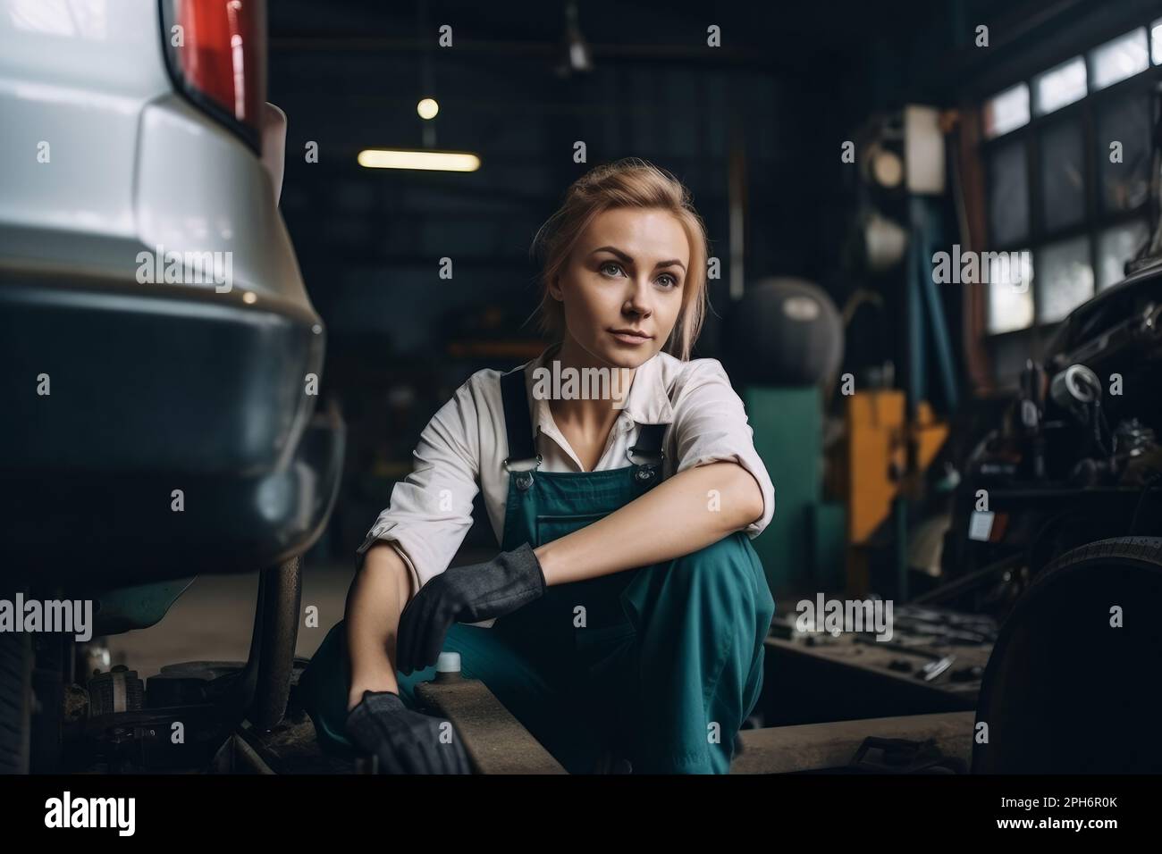 Portrait of a female mechanic working in a repair garage. Generative ai Stock Photo