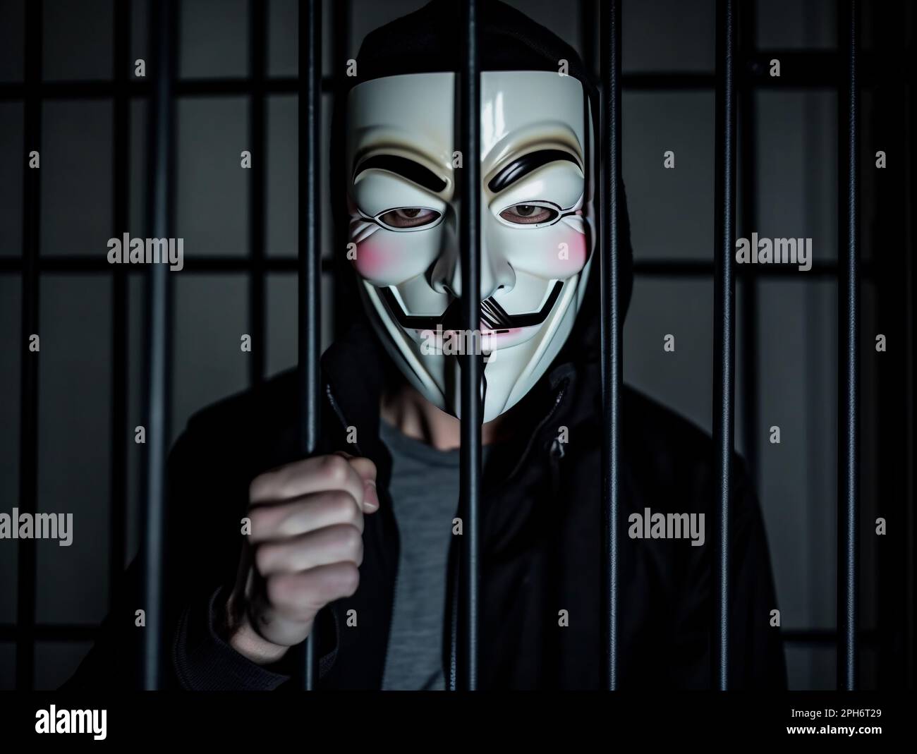 Anonymous hacker behind iron bars. Arrested in jail. Penalty due to