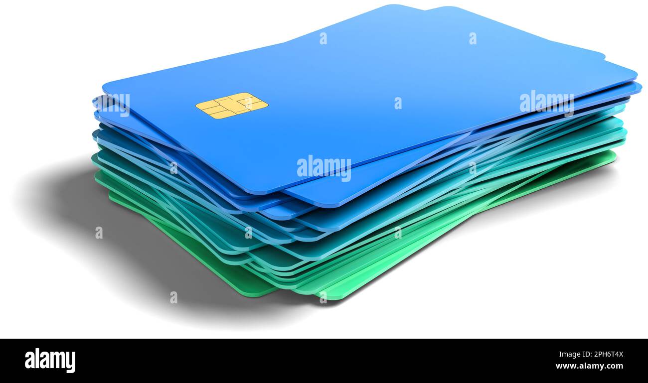 A stack of credit cards isolated on a white background. Color gradient green to blue Stock Photo