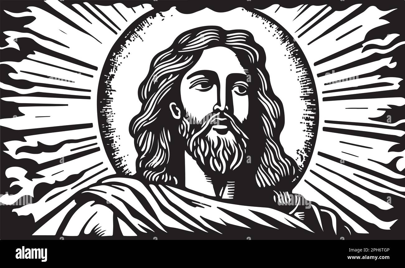 Beautiful linocut art or colouring page of Jesus Christ made for print digital art. Doodle pattern for relax and meditation Stock Vector