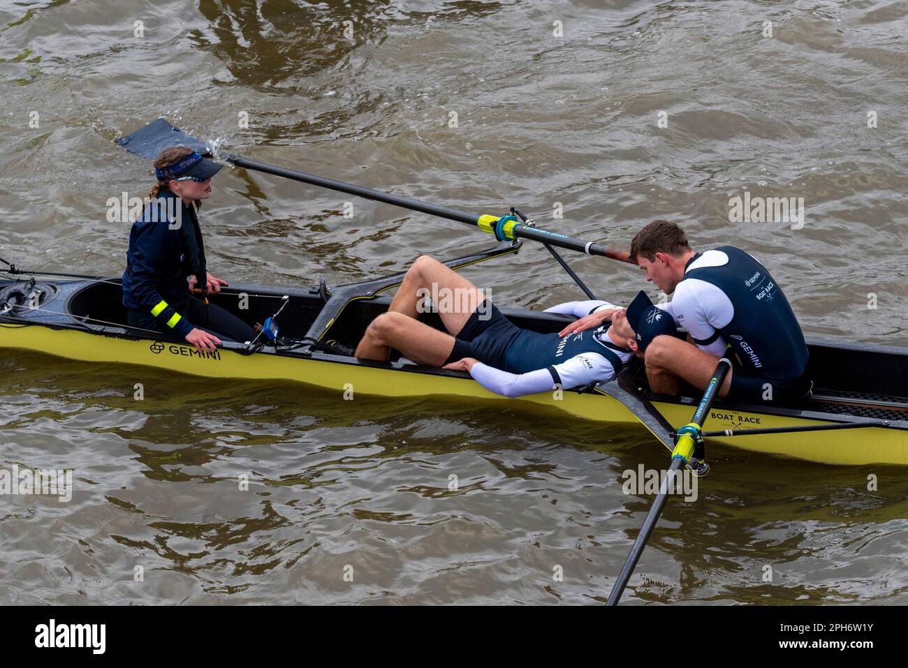 Chiswick Bridge, Chiswick, London, UK. 26th Mar, 2023.Cambridge beat Oxford in the 168th Men’s Boat Race on the River Thames. Oxford stroke Felix Drinkall collapsed after the finish at Mortlake and was taken to hospital Stock Photo