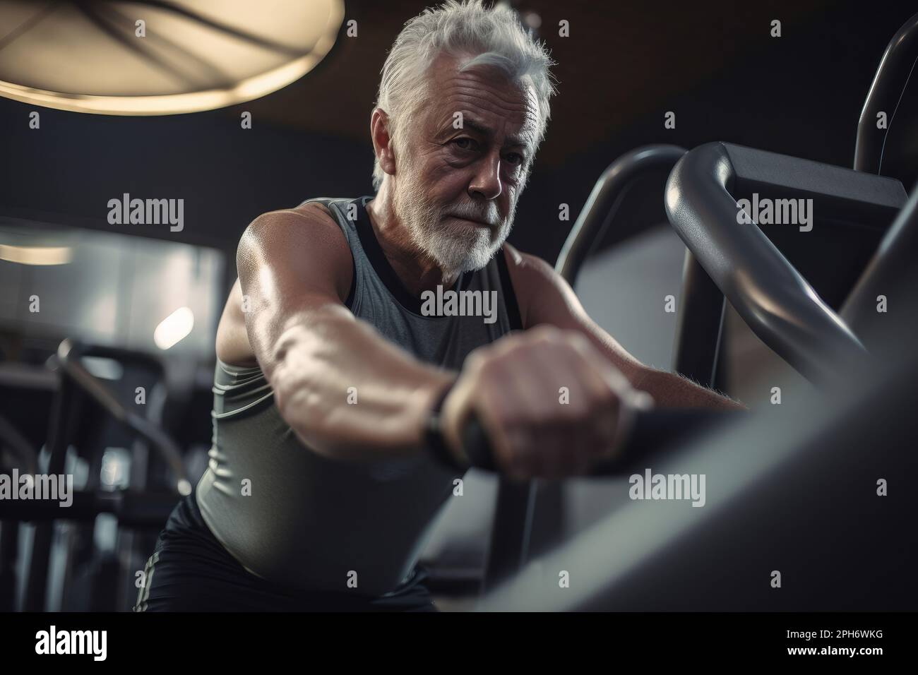 senior male with grey hair keeping fit by working out in a gym. Generative ai Stock Photo