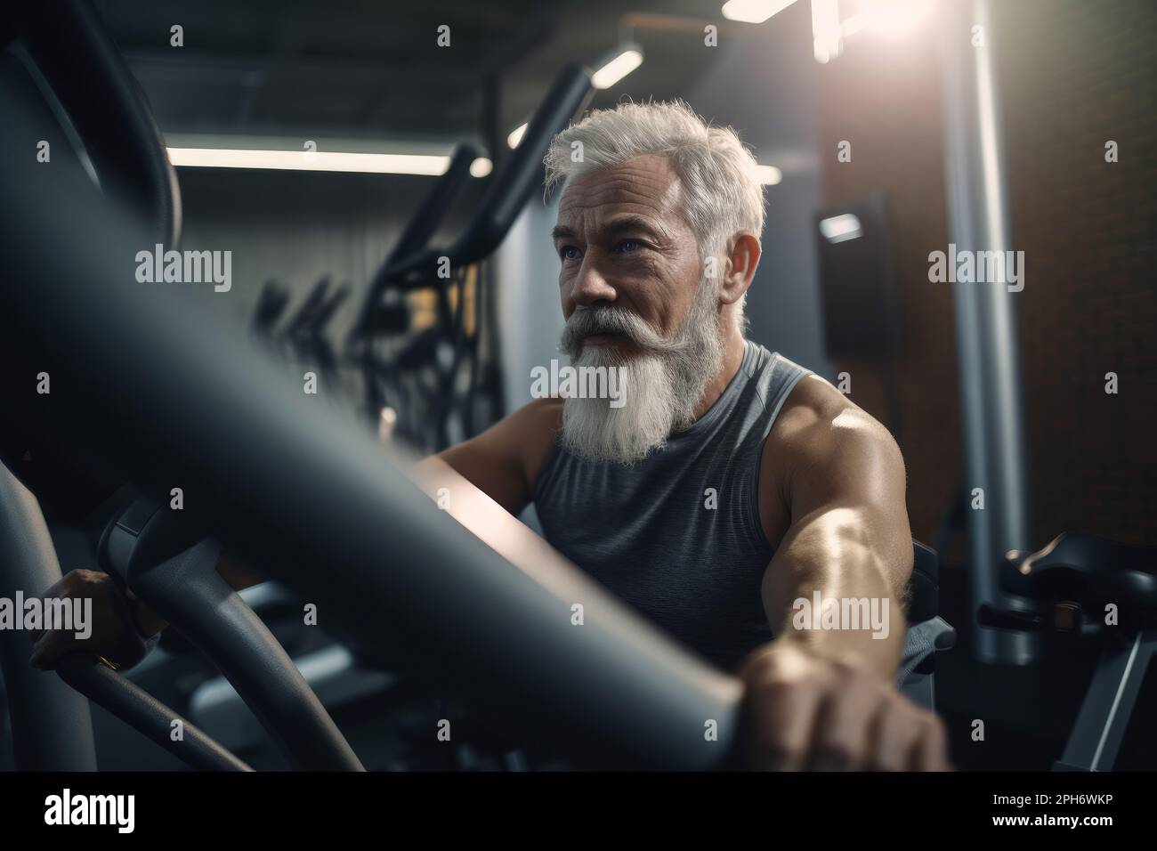 senior male with grey hair keeping fit by working out in a gym. Generative ai Stock Photo